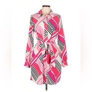 NWOT LDT Pink Geometric Print Tie-Waist Collared Shirtdress Size 4
